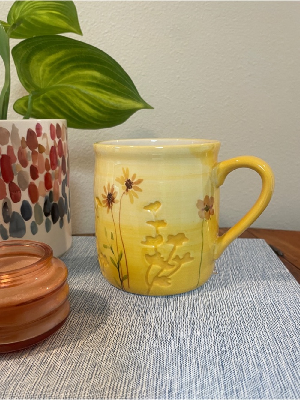 The Old Pottery Company Hand Crafted Floral Mug – Yellow Embossed Stoneware
